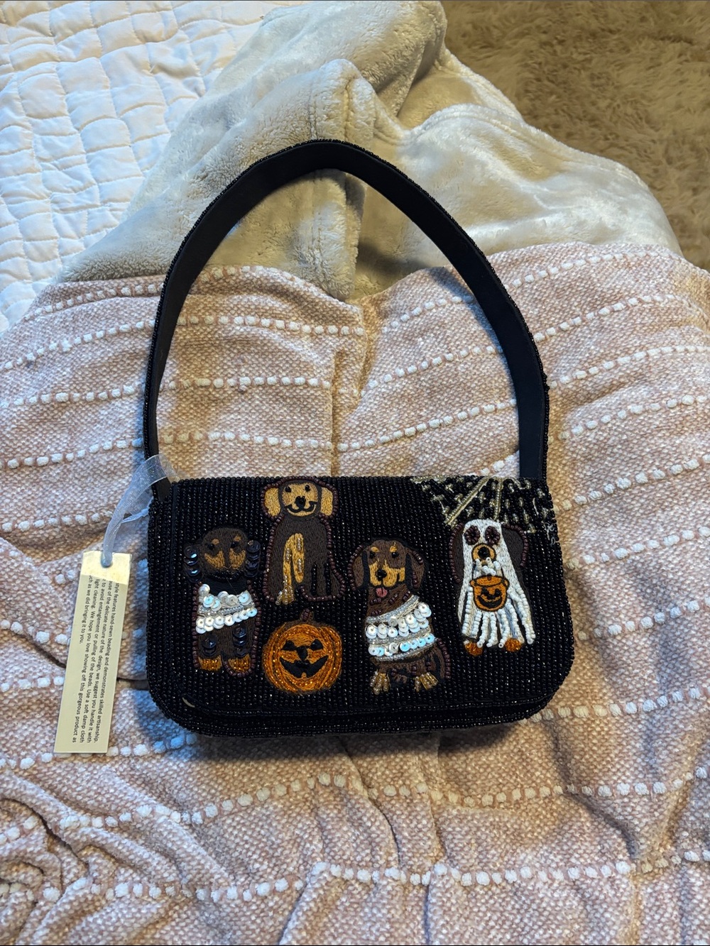Source Unknown Black Beaded Mini Shoulder Bag with Halloween Dogs